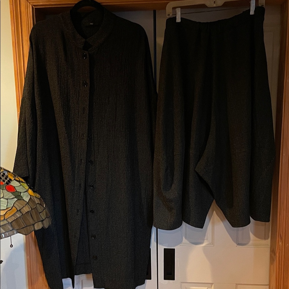 Black Women's Button Long Blouse and Wide Harrem Pants Set/ NU Turkish Brand